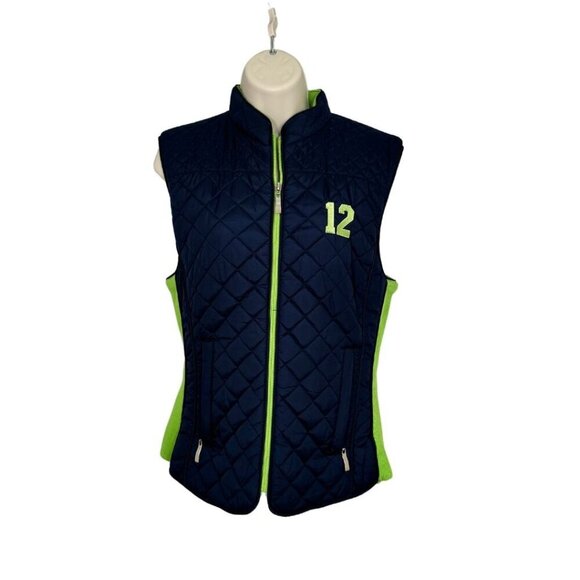 12th Man Seahawks NFL Navy Light Puffer Vest Neon Green Accents Size Large - Picture 1 of 6